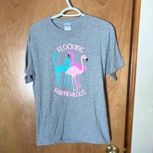 ‘Flocking Fabmewlous’ Gray  T-Shirt with Flamingo/Cat Print | Size Small